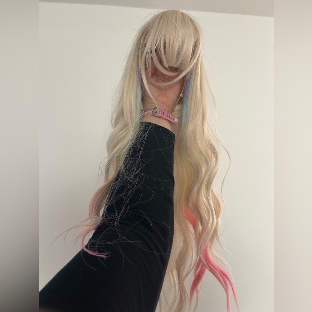 Blonde Long Wavy Wig with Fringe and Pastel Pink & Blue Highlights Brand New